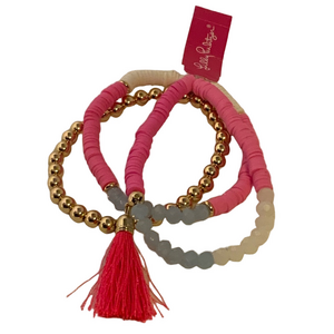 Lilly Pulitzer Hi Summer Stretch Bracelet Set Cockatoo Pink with Tassel NWT